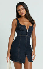 Square Neck Zip Front Sleeveless Bodycon Denim in Raw Denim with Tobacco Stitch