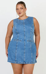 High Neck Fitted Denim Dress in Mid Blue Wash
