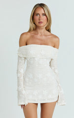 Off Shoulder Long Sleeve Fitted Dress in Ivory