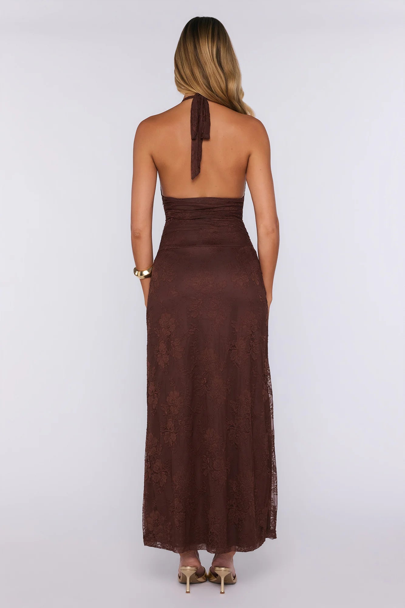 Consider It Done Lace Halter Maxi Dress Brown