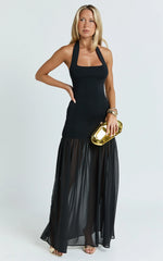 Halter Scoop Neck Contrast Georgette Dress in Black