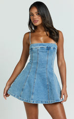 Straight Neck Fit and Flare Denim Dress in Mid Blue Wash