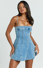Straight Neck Fit and Flare Denim Dress in Mid Blue Wash