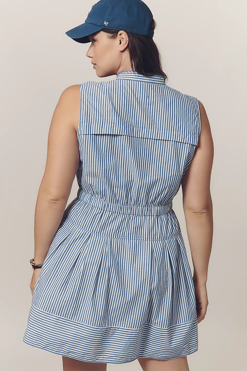 Maeve Sleeveless V-Neck Shirtdress-Blue & White Stripe
