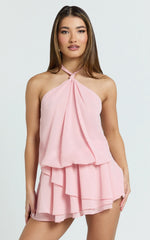 Halter Blouson A Line Dress in Rose