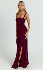 Ruched Mesh High Leg Split Dress in Wine