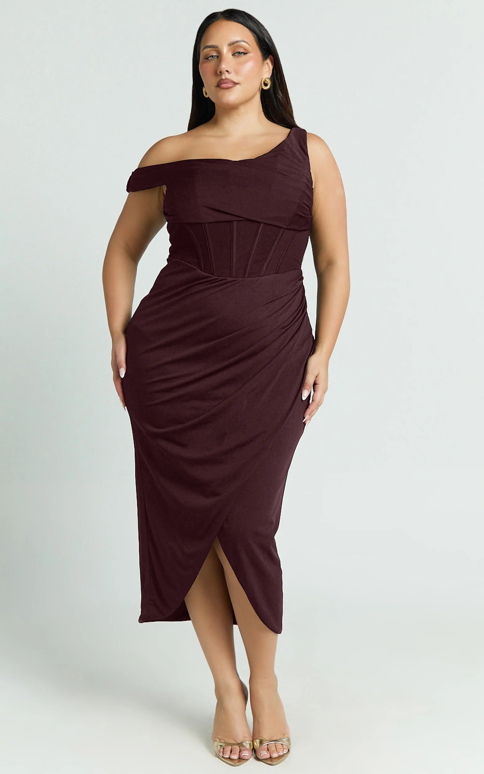 Off Shoulder Draped Corset Dress in Burgundy