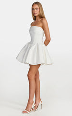 Ruched Bust Fit And Flare Strapless Corset Bodice Dress With Lace Up Back in White