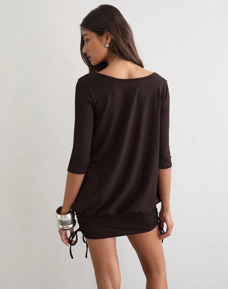 Sundari Quarter Sleeve Mini Dress in Rayon Jersey Chocolate Brown