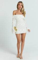 Off Shoulder Long Sleeve Fitted Dress in Ivory