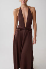 Cyra Plunge Satin Midi Dress - Dark Chocolate