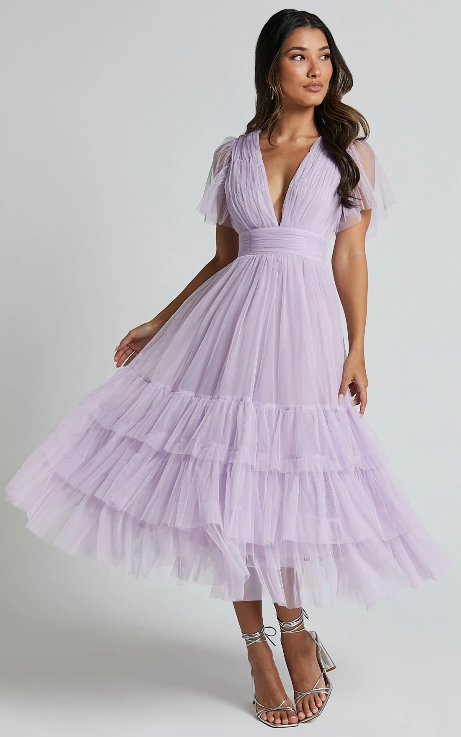 Flutter Sleeve Tuelle Plunge Dress in Lilac