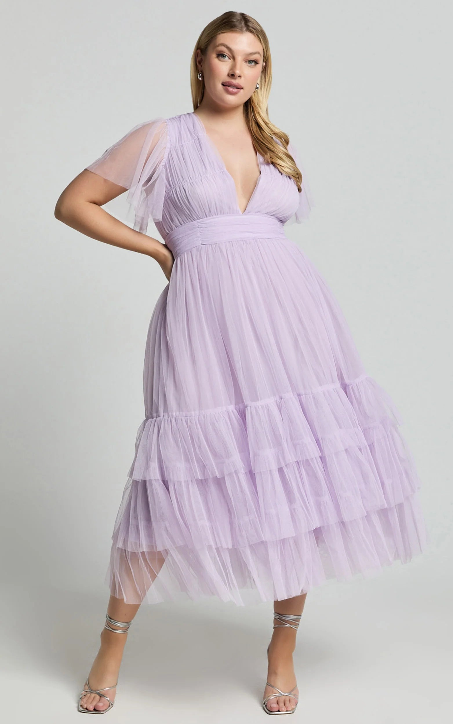 Flutter Sleeve Tuelle Plunge Dress in Lilac
