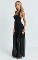 Halter Scoop Neck Contrast Georgette Dress in Black