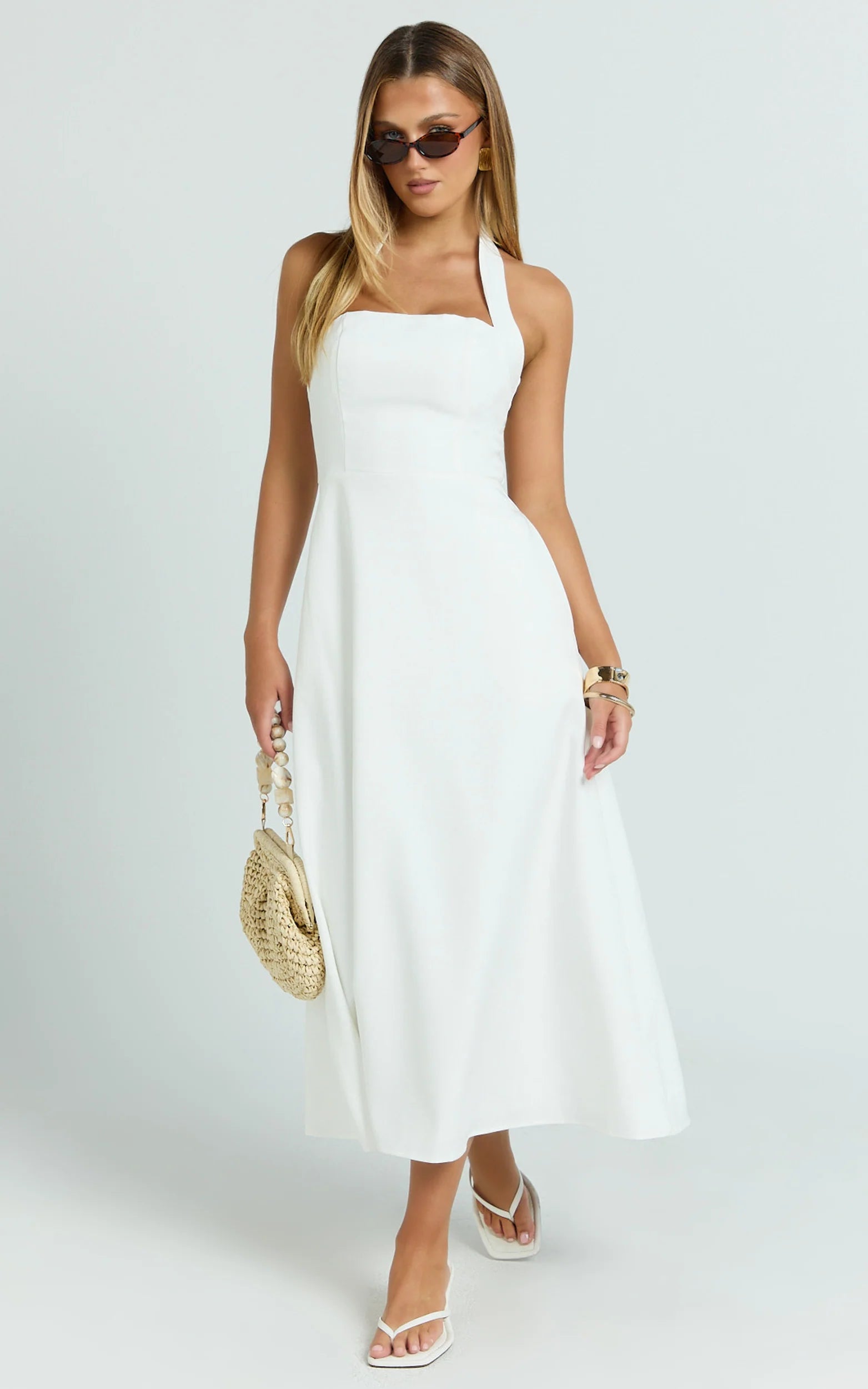 Halter Neck Fit and Flare Midi Dress in White