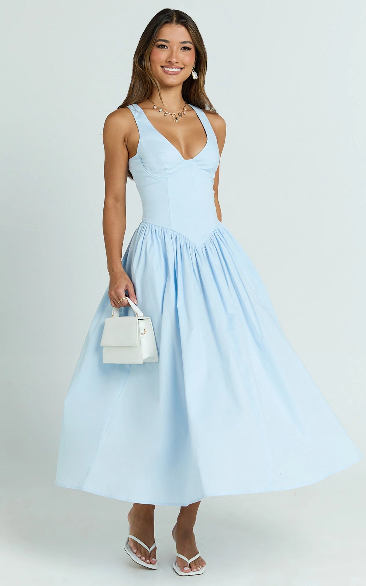Scoop Neck Drop V Waist Gathered Skirt Dress in Blue
